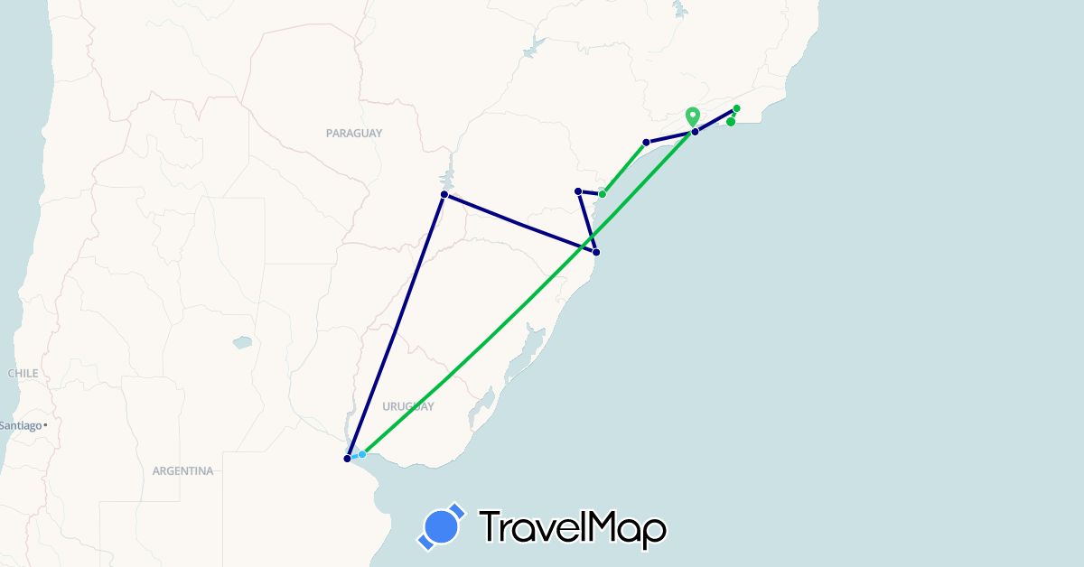 TravelMap itinerary: driving, bus, boat in Argentina, Brazil, Uruguay (South America)